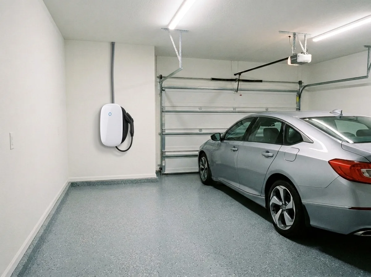 Level 2 EV charger mounted on a garage wall with conduit