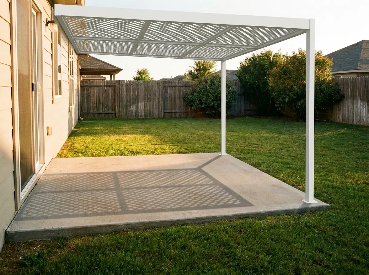 White lattice patio cover attached to the house