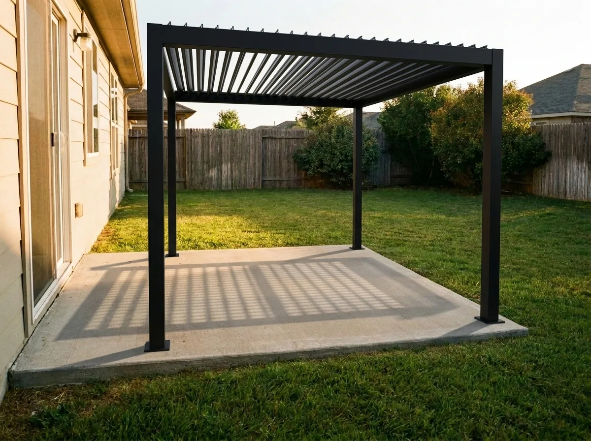 Black louvered pergola built on a backyard patio