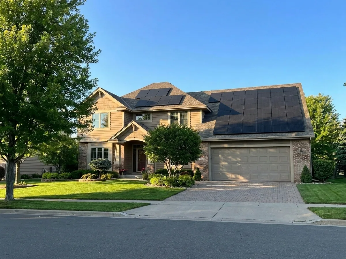 The same house with all-black solar panels installed on the roof